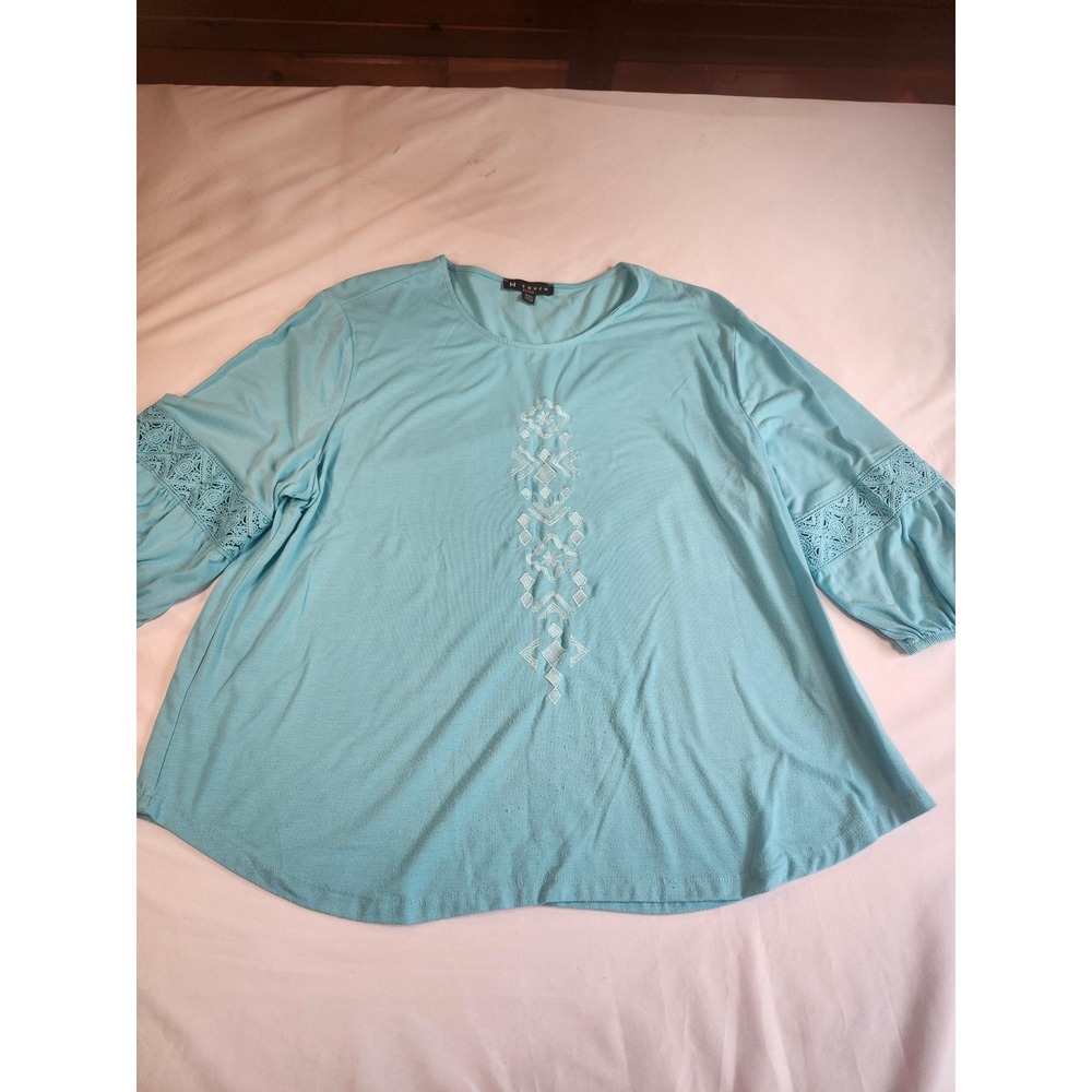 N Touch Petite Blue Embroidered Crochet Lace 3/4 Bell Sleeve Knit Top PXL